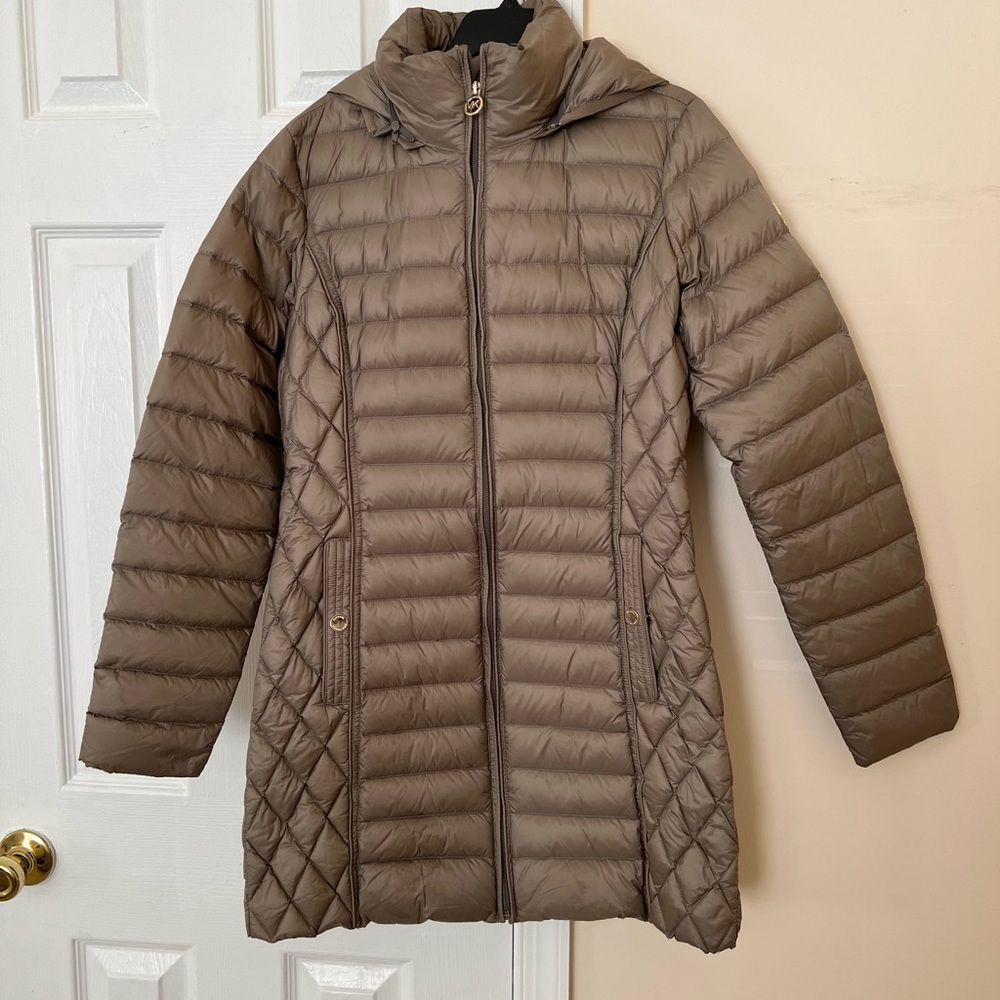 Michael Kors packable puffer winter coat with hood size S brown taupe tan